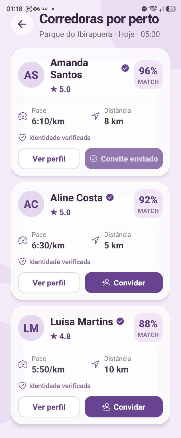 Tela do RunFree com corredoras compatíveis por perto