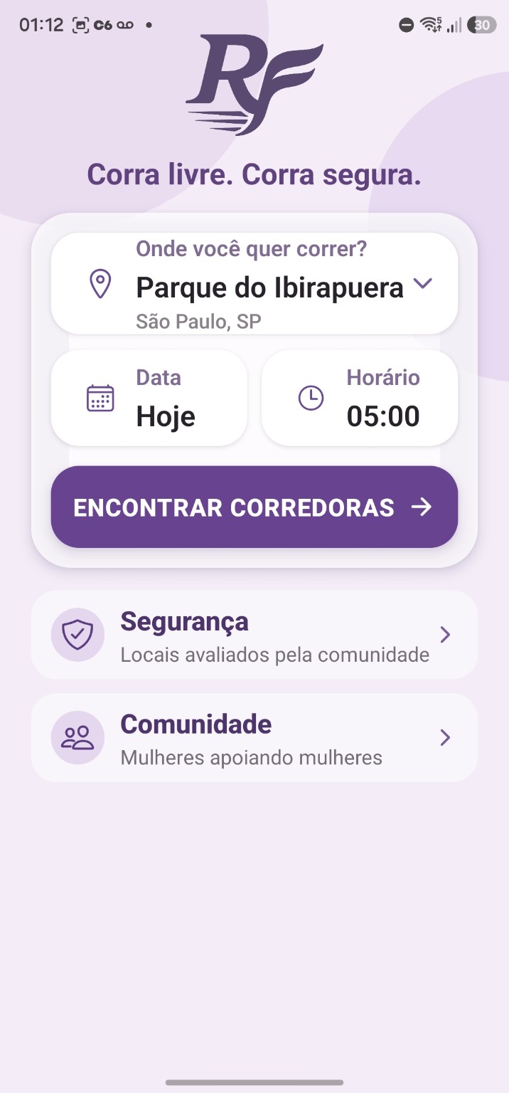 Tela inicial do MVP RunFree para encontrar corredoras